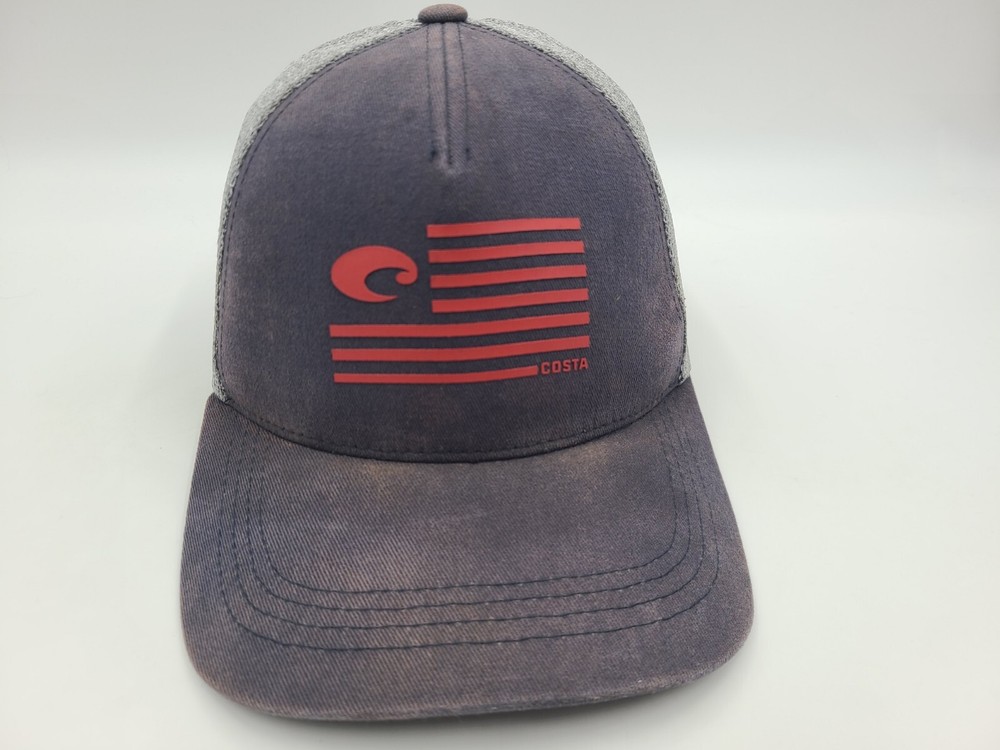 Costa Del Mar American Flag Distressed Mesh Trucker Snapback Hat Cap Blue Gray