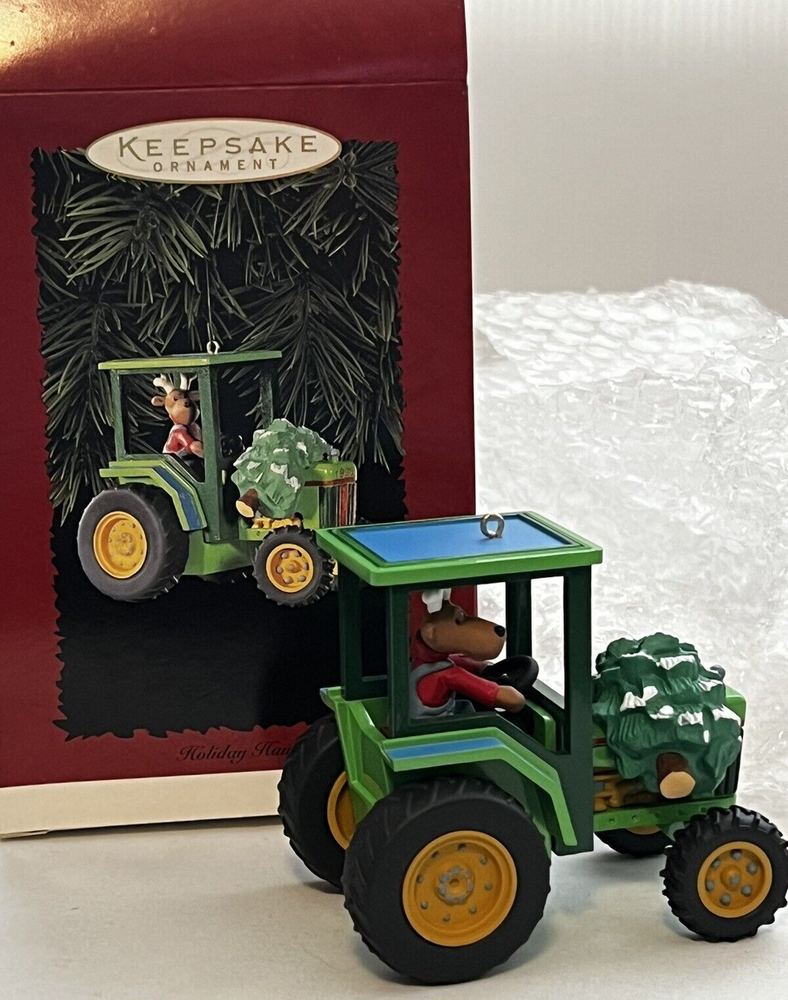 1996 HOLIDAY HAUL Reindeer In Green Tractor &Tree Hallmark Keepsake Ornament NIB