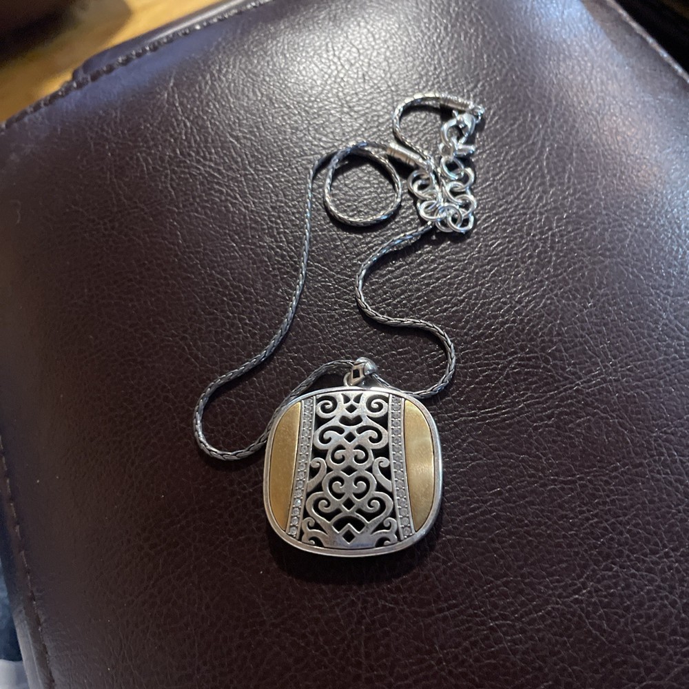 Vtg BRIGHTON Shadow Play Reversible Black Gold Silver Crystal Pendant Necklace