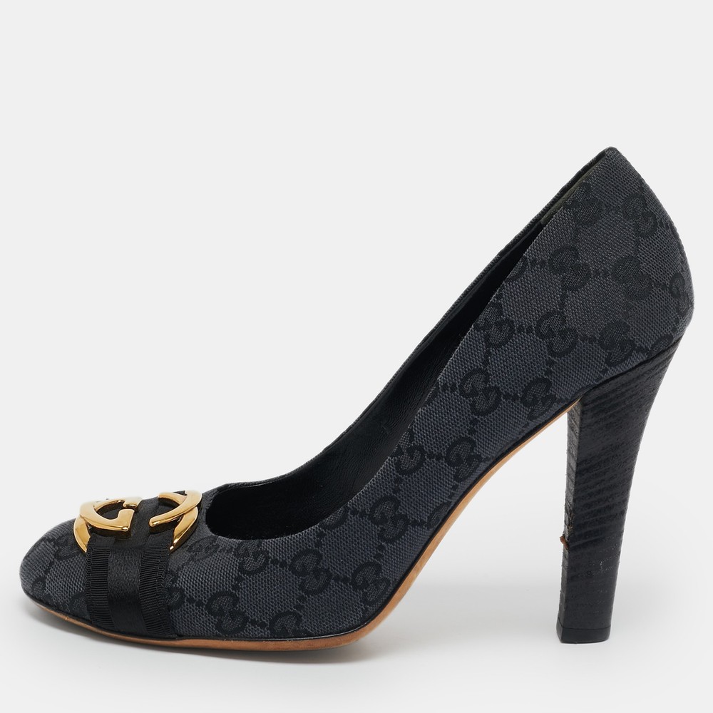 Gucci GG Canvas Interlocking Logo Round Toe Pumps Grey Black Size 40.5
