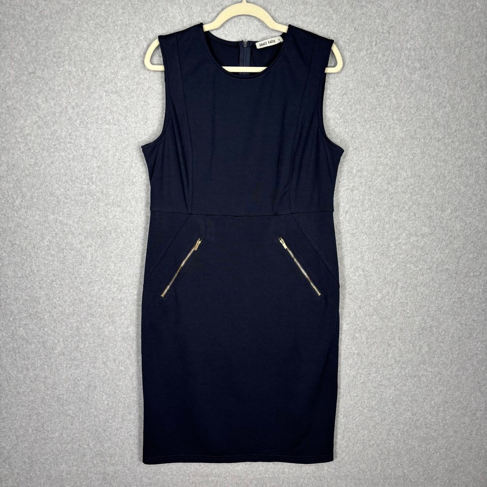 Grace Karin Navy Gold Zipper Classic Pencil Dress XL for Work Church Capsule Wardrobe