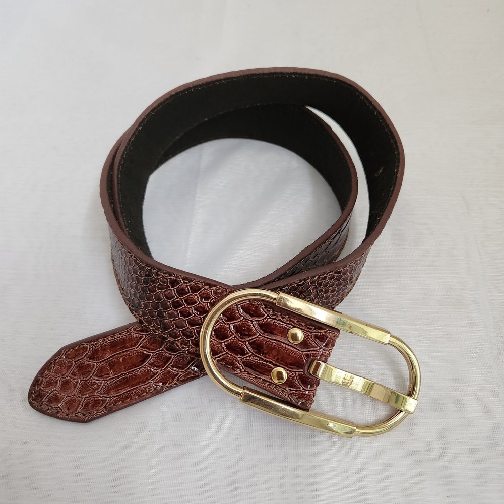 Chinese Laundry Belt Women's XL Brown Leather Blend Croc Gold Buckle Career Chic