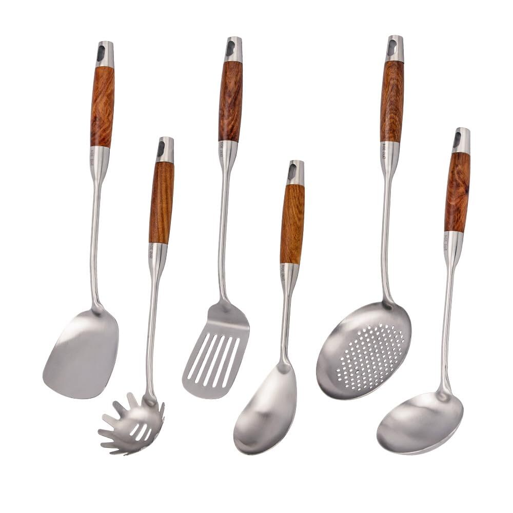 304 Stainless Steel Kitchen Utensils Set with Wood Handle, 6 PCS Metal Cookin...