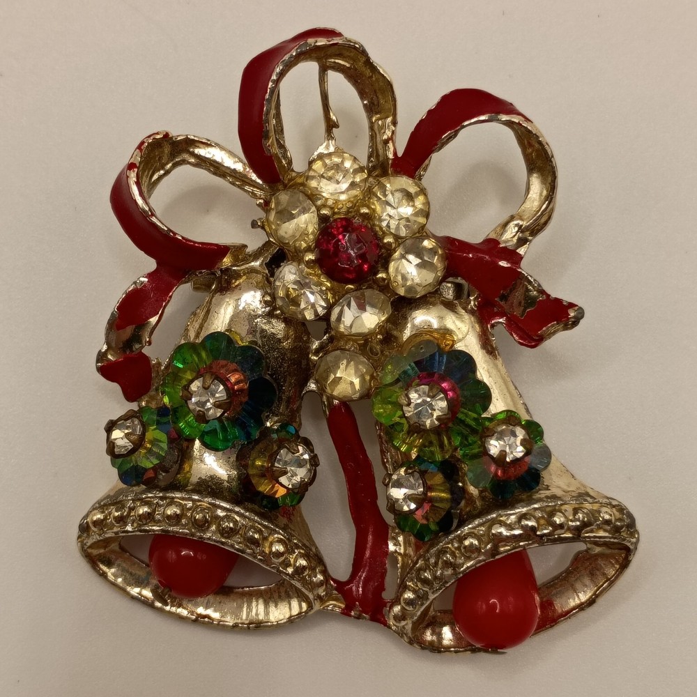 Vintage Christmas Bells Brooch Red Ribbon Rhinestones & Green AB READ