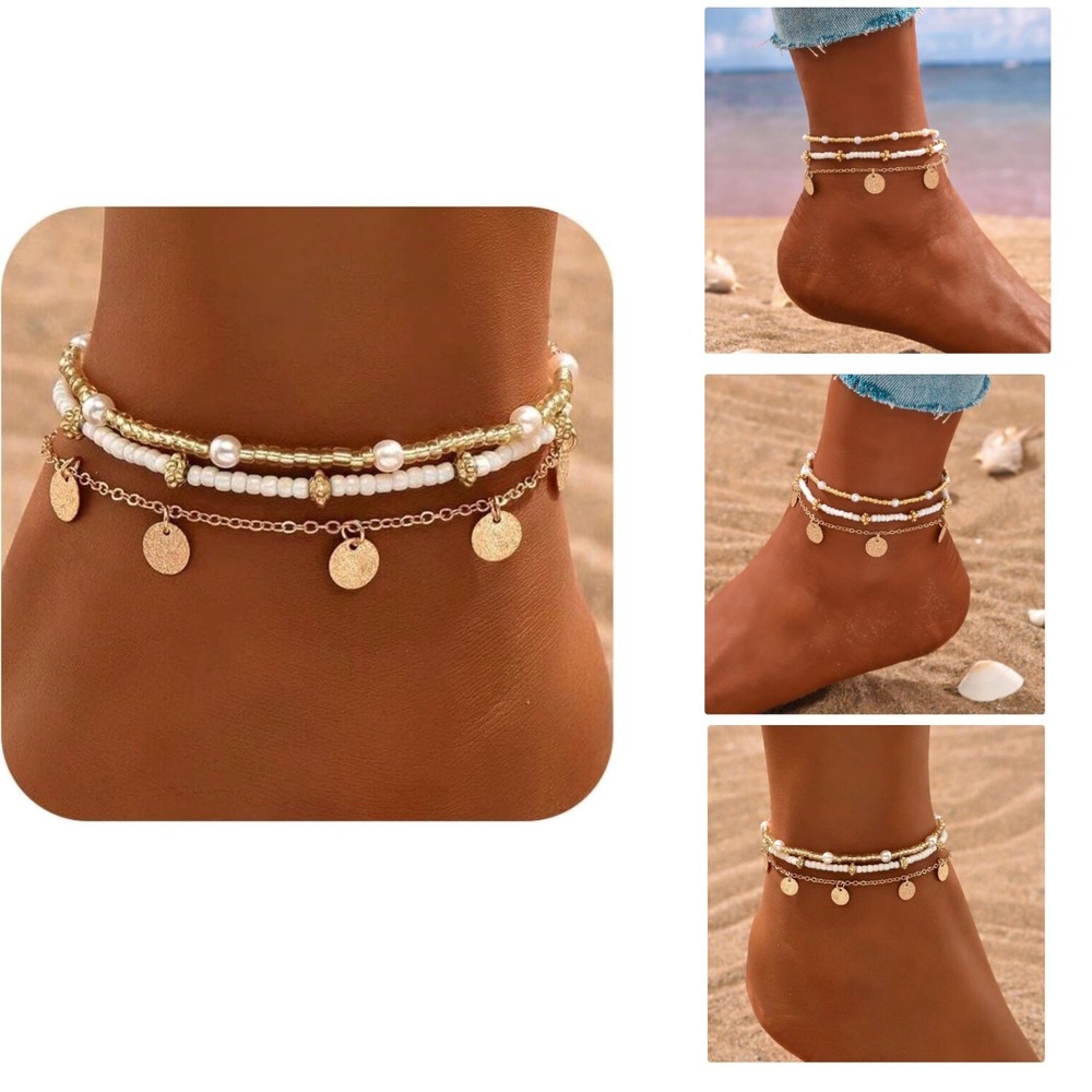 Adjustable Gold Boho Anklet Set with Pearl and Shell Accents