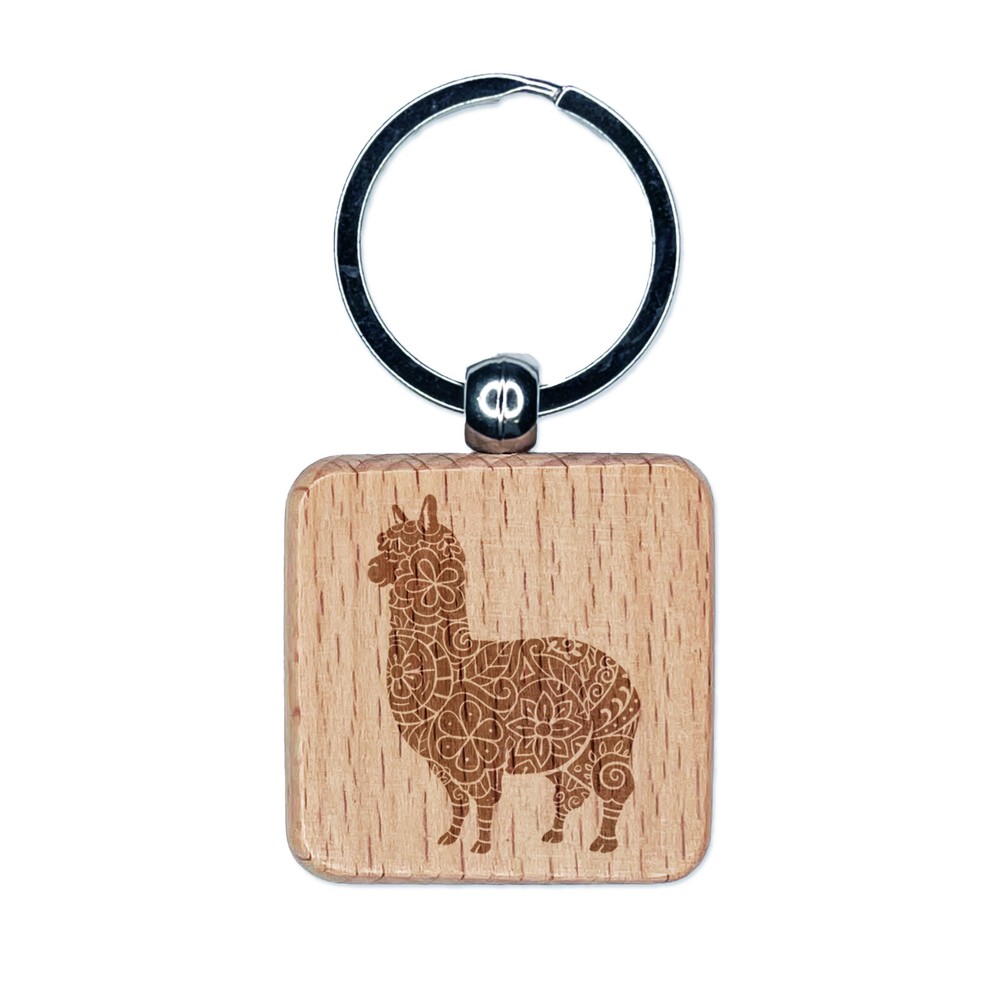 Floral Alpaca Engraved Wood Square Keychain Tag Charm