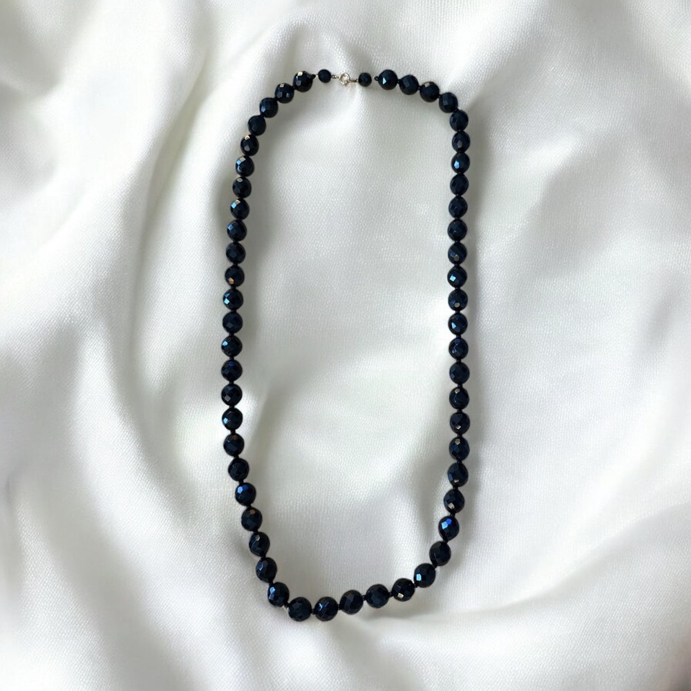 Vintage Faceted Black Glass Bead Necklace Classic Elegant Strand