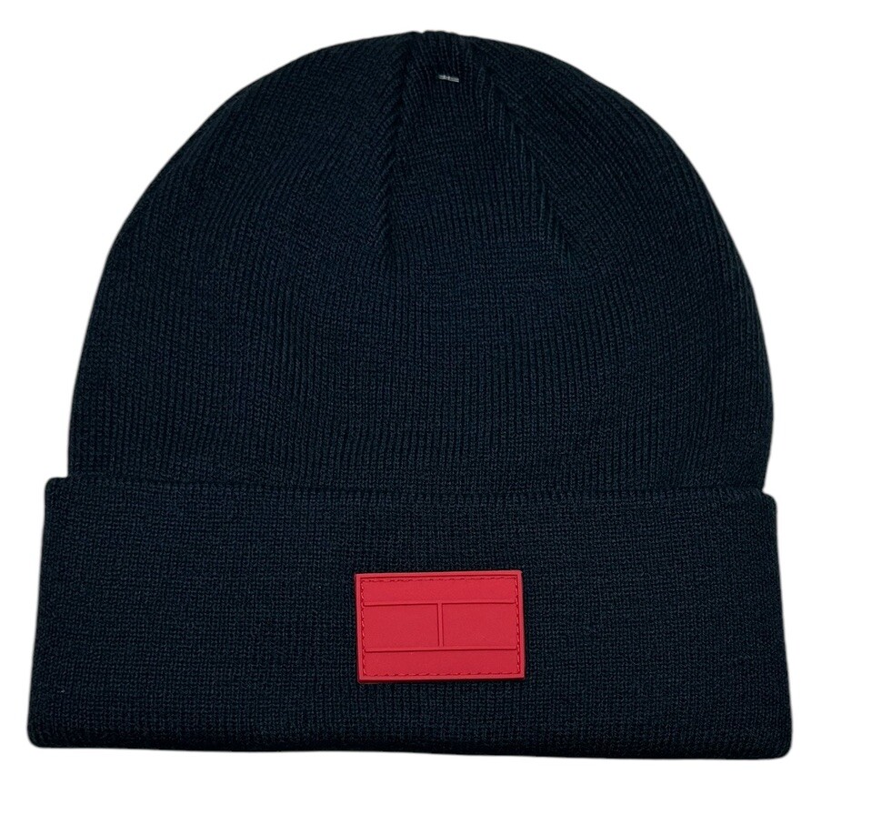 TOMMY HILFIGER Mens Navy Blue Acrylic Knit Beanie with Red Logo One Size Winter Hat