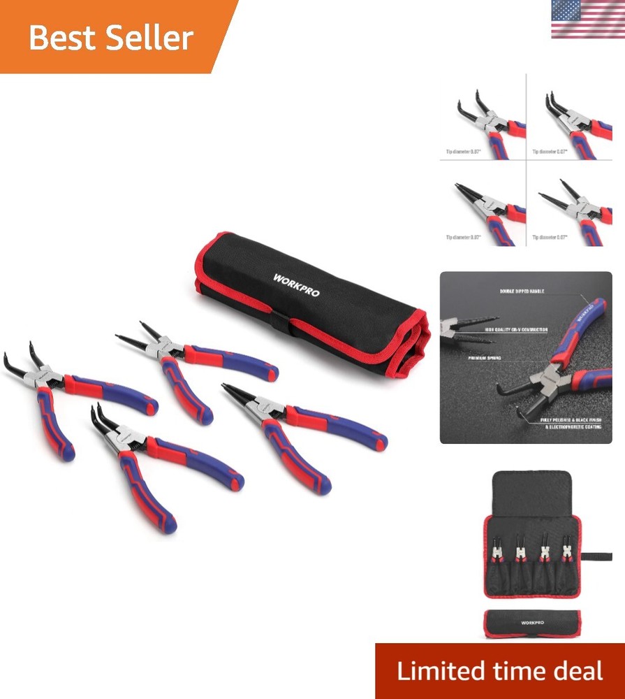 4-Piece Snap Ring Pliers Set - Heavy Duty 7-inch Internal/External Circlip Pl...