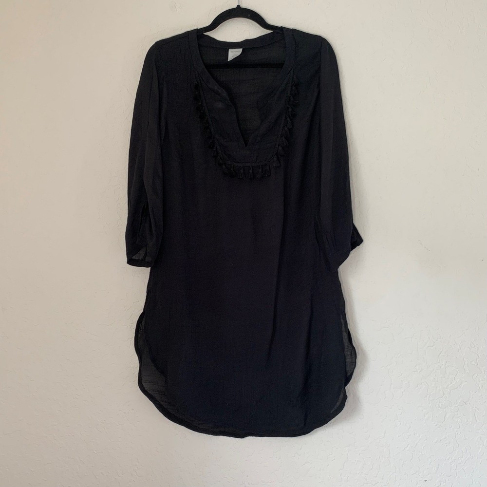 MERONA Tunic Swim Cover Up Beach Dress Women S Black Tassel V-Neck Sheer Coastal