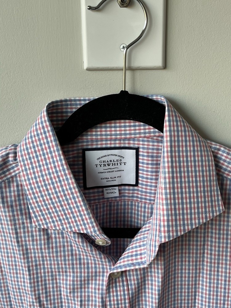 Charles Tyrwhitt 16.5/33 Red White Blue Check Extra Slim Fit Plaid Dress Shirt