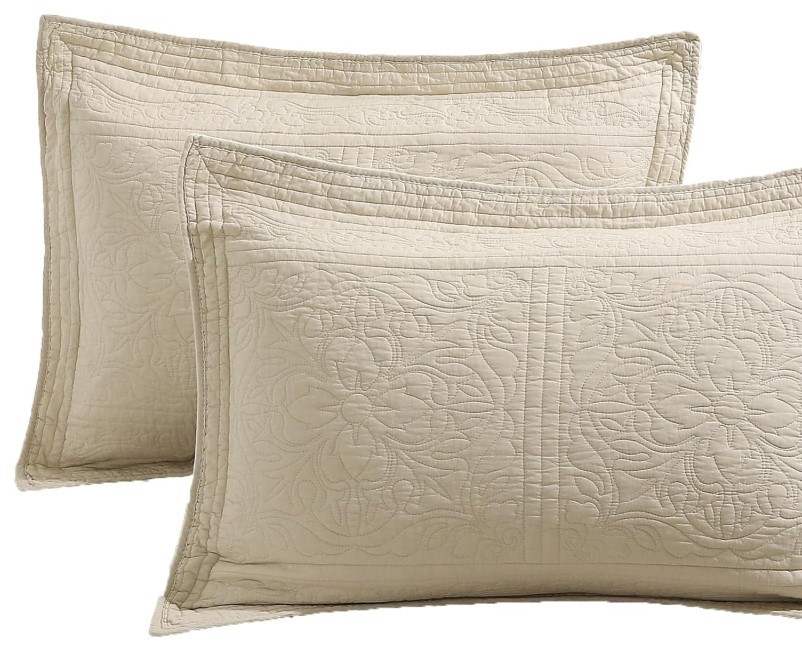 WINLIFE 100% Cotton Quilted Pillow Sham Floral Printed Pillow Cover Beige