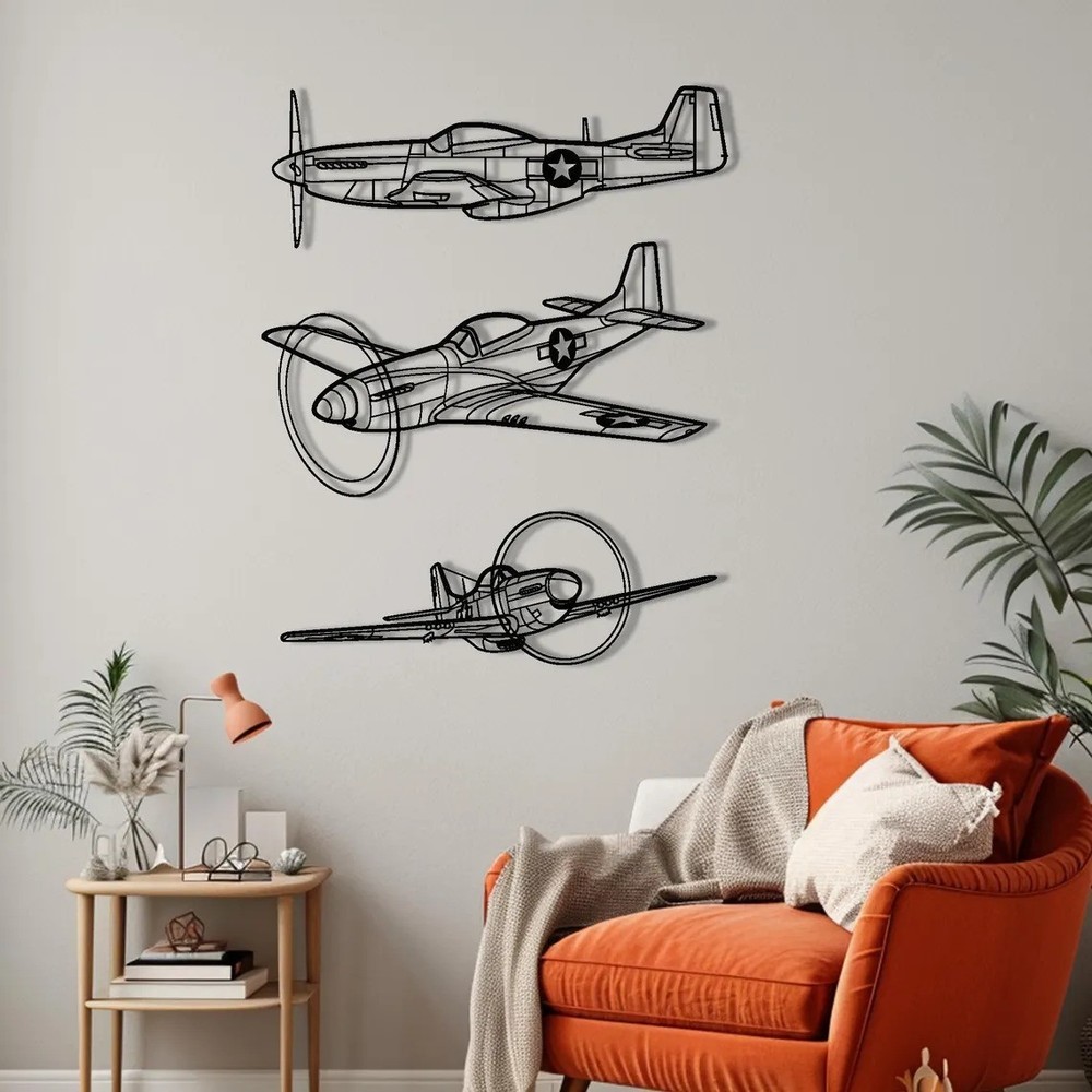 North American P-51 Mustang Airplane - SET OF 3 - Metal Wall Art, Raw Metal