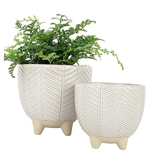 Ceramic Footed Flower Plant Pots - 6.7 + 5.1 Inch Boho Decor Indoor Beige