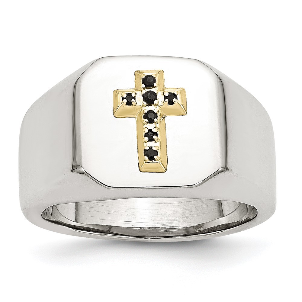 Stainless Steel with 14k Gold Accent 1/15 Ct Sapphire Cross Signet Ring Size 11