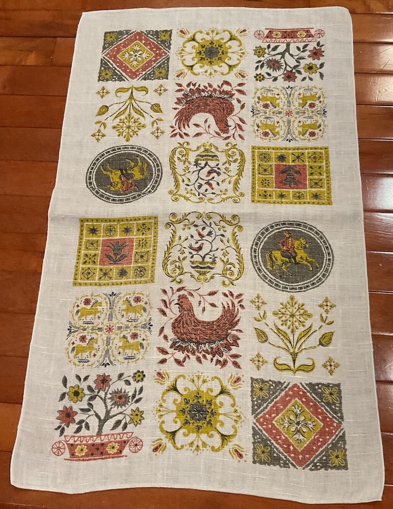 Vintage Kitchen Linen Tea Towel Horses Birds Chickens Horses w/Riders Flowers