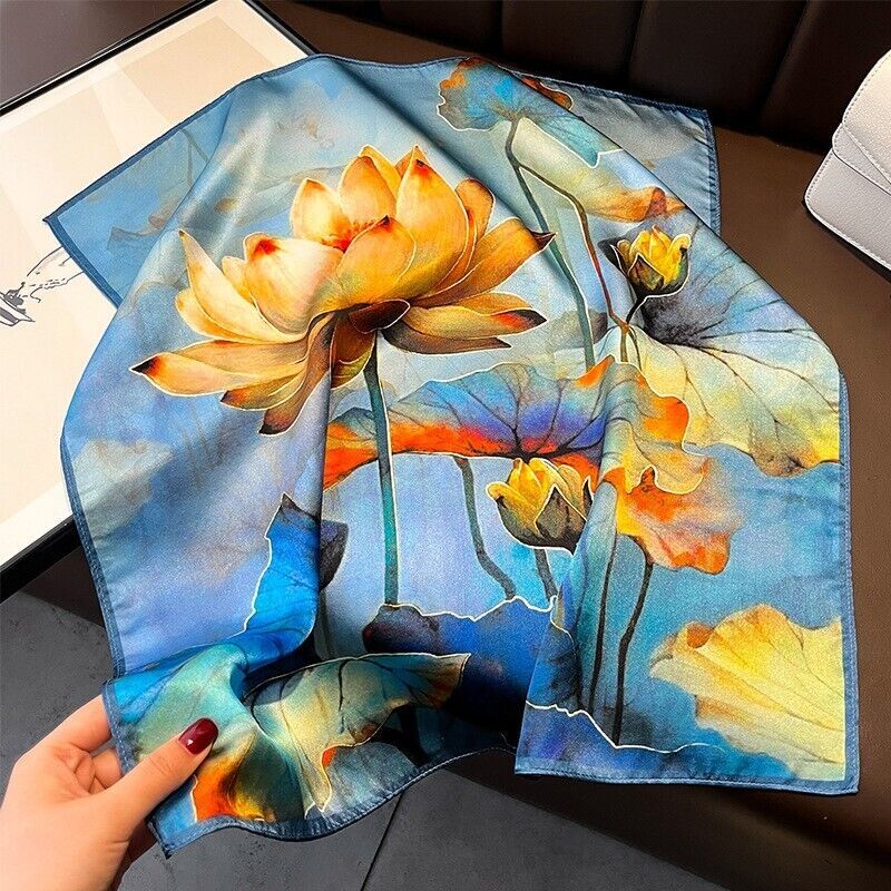100% Silk 21'' Scarf Women Vintage Small Bandana Blue Lotus Kerchief Turban Wrap