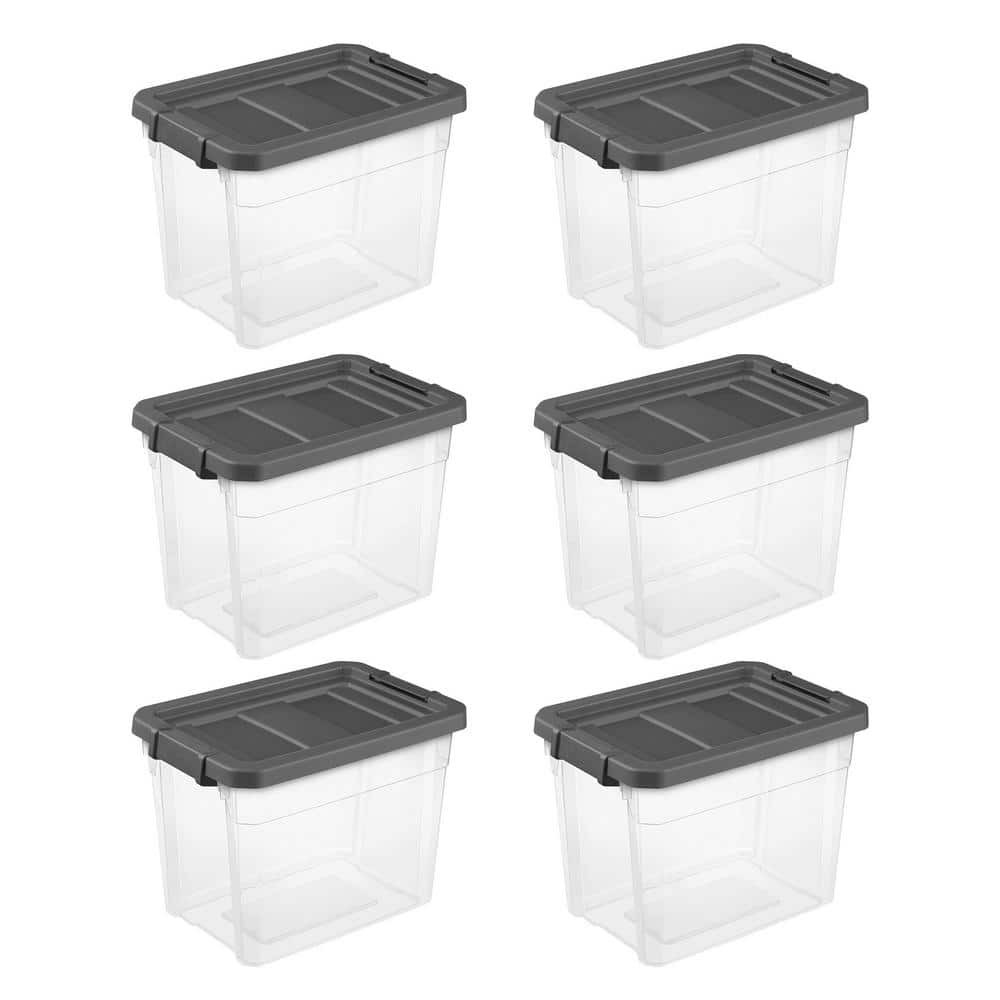 30 qt Clear Grey Plastic Storage Bin Totes with Latching Lids 6-Pack