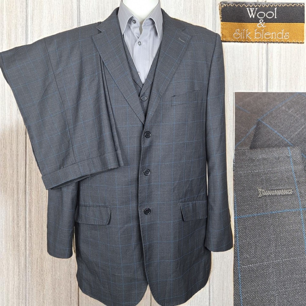 Bertolini 3 Piece Suit Mens 44L 38X33 Gray Blue Windowpane 3 Button DV