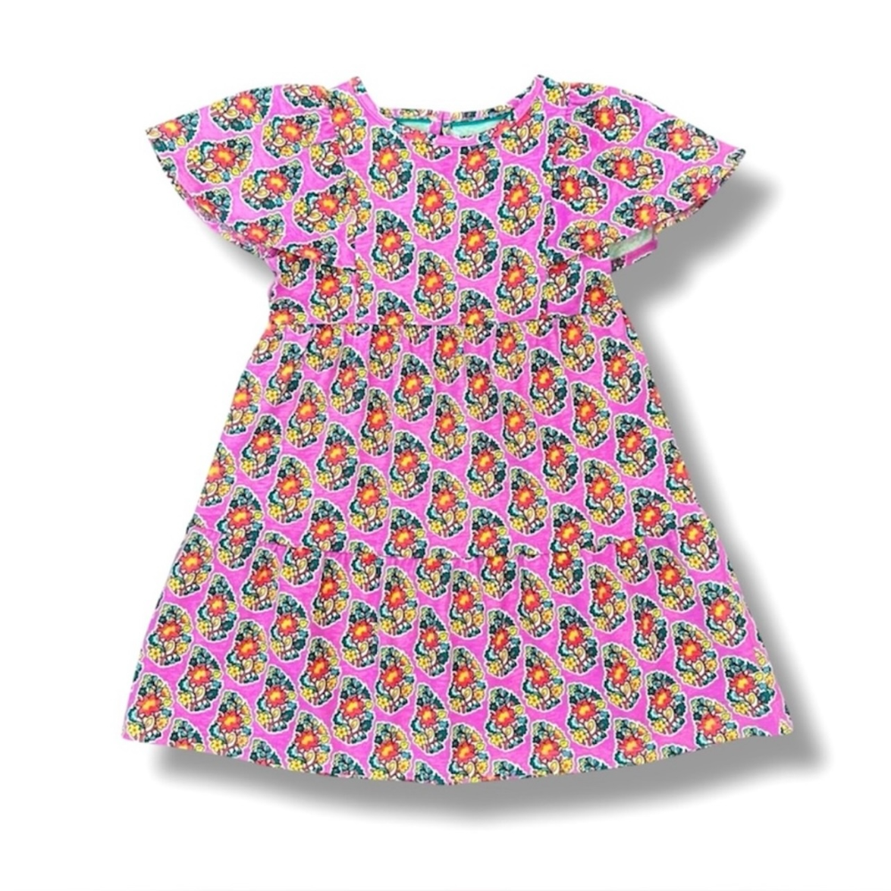 Mini Boden A-Line Dress Girls 3-4Y Pink Multicolor Floral Flutter Sleeve Cotton