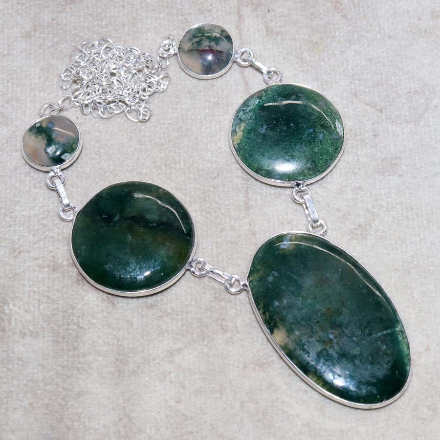 925 Silver Plated Classy Moss Agate Necklace 17