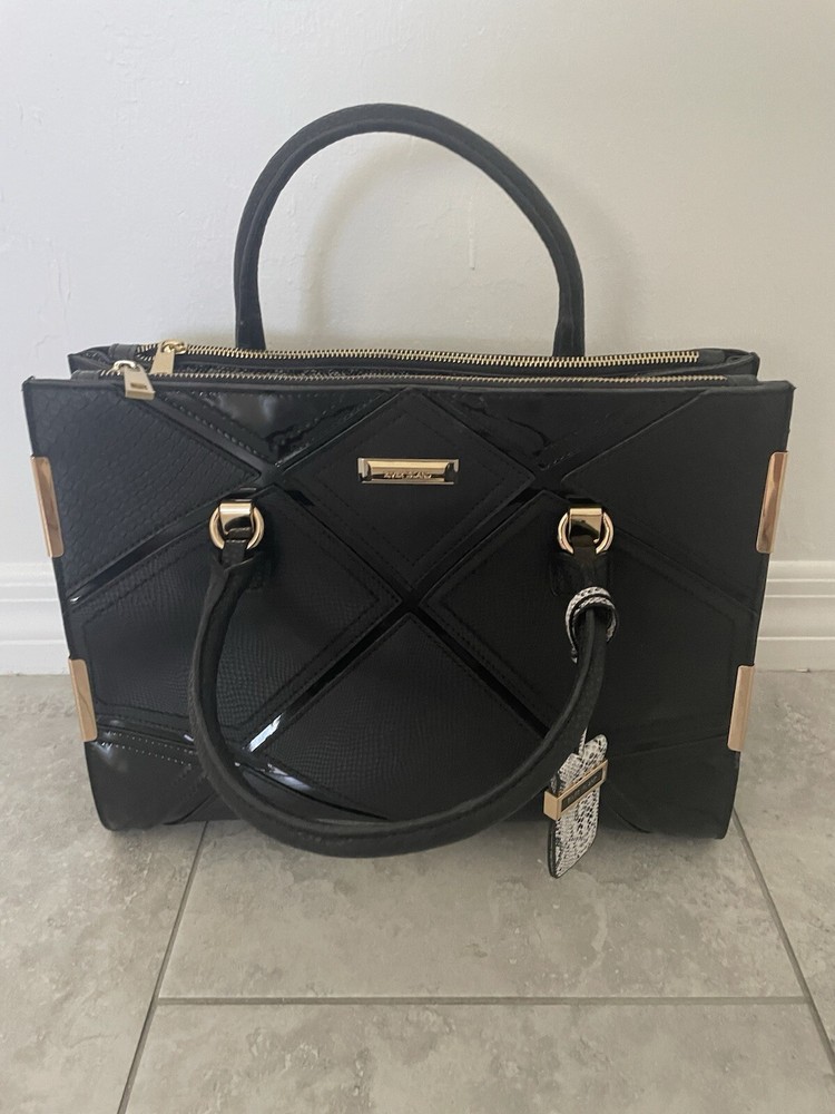 River Island Women’s Handbag Purse Black Satchel Gold Details Zipper Top Handle