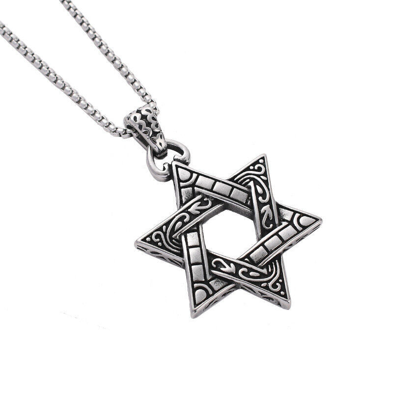 Mens Stainless Steel 6 Point Star Hexagram Star of David Pendant Necklace
