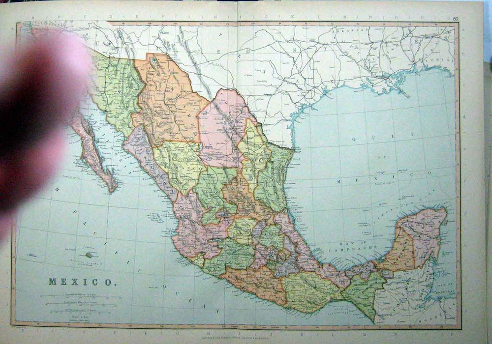 Original Old Antique Print C1910 Map Gulf Mexico America California Michoacan