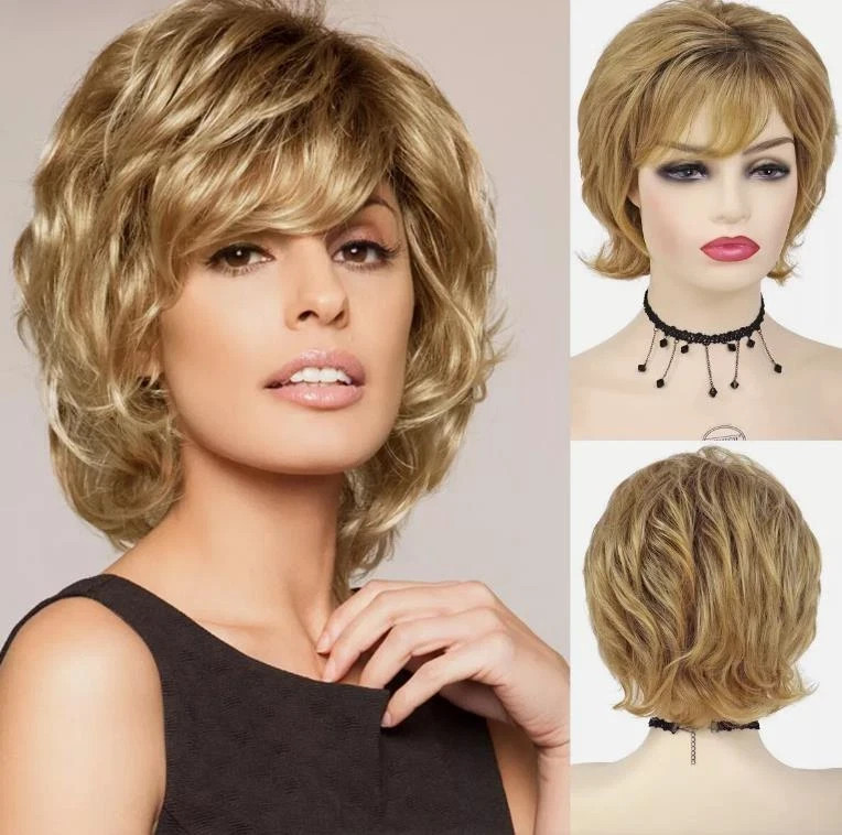 Ladie Blonde Full Wig Short Curly Wigs Women Natural Wavy Synthetic Hair Cosplay