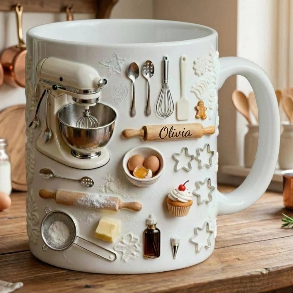 Love Baking Custom Name Mug, Personalized Cup, 11oz 15oz Bakery 3D Coffee Mugs