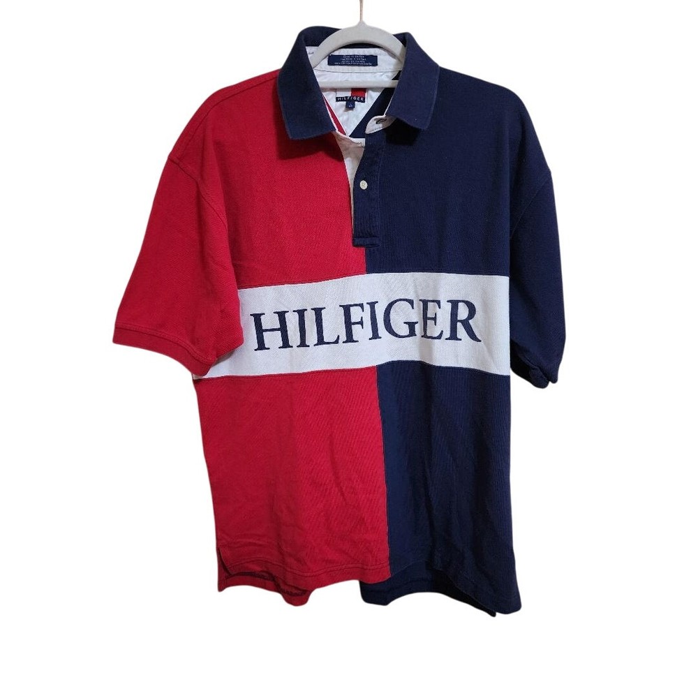 Vintage Men's Tommy Hilfiger Red and Blue Polo Size Large