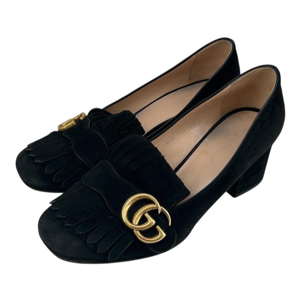 GUCCI GG Marmont Gold Black Suede Fringe Heel Pumps Size 37.5 Pre-Owned