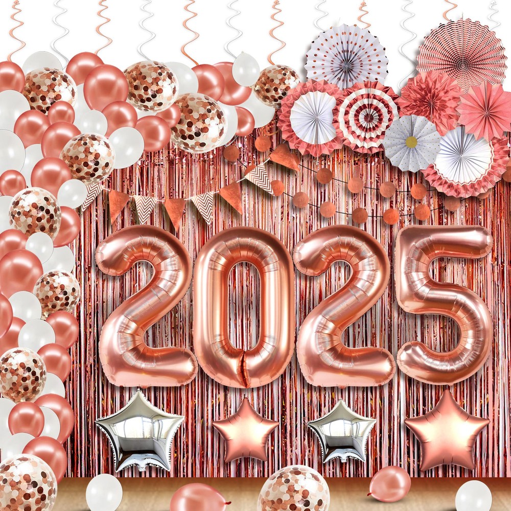 , Rose Gold New Years Decorations 2025 - Huge Pack of 149 | Rose Gold Fringe ...-image