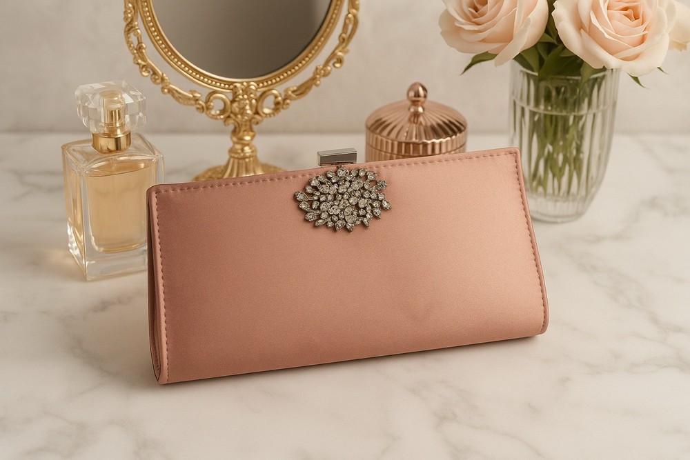 Rose Gold Satin Evening Clutch Purse with Rhinestone Brooch & Chain Strap