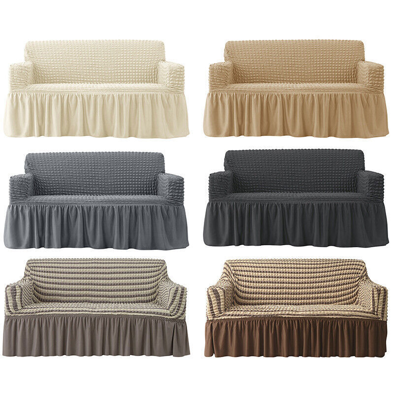 1-4 Seater Elastic Plaid Bubble Sofa Slipcover with Skirt Universal Fit