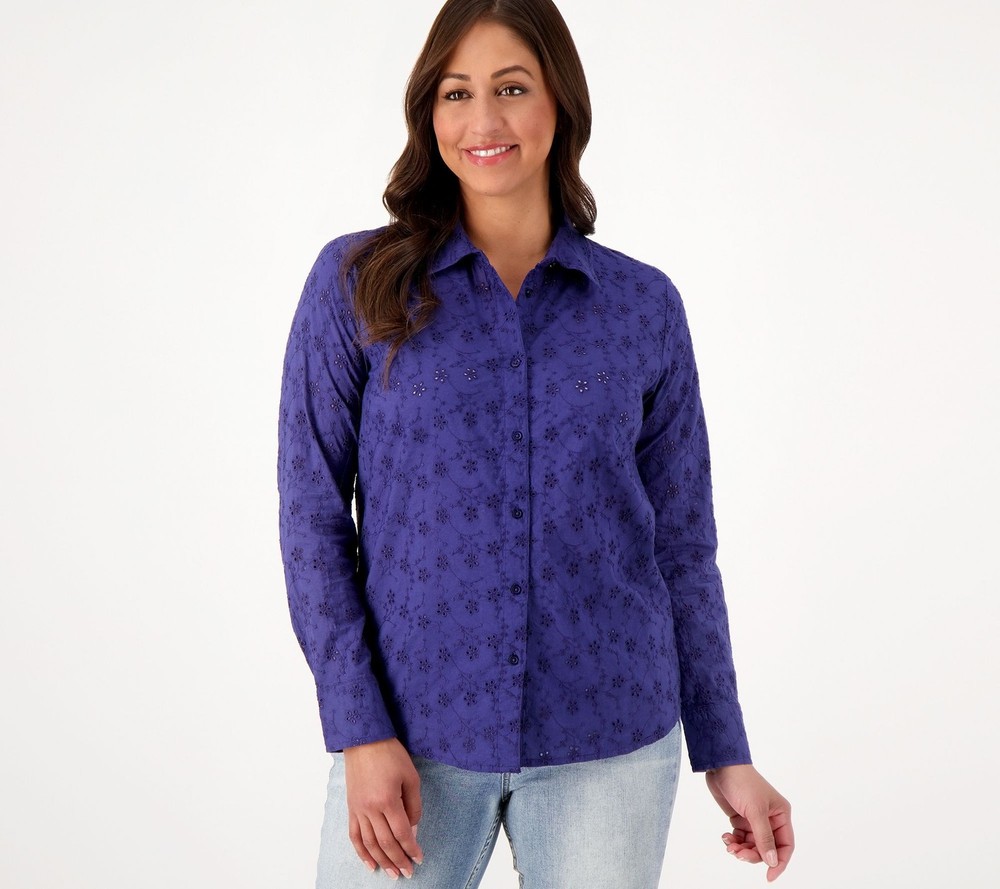 Candace Cameron Bure Women's Top Petite PS Button-Front Eyelet Blue A603591