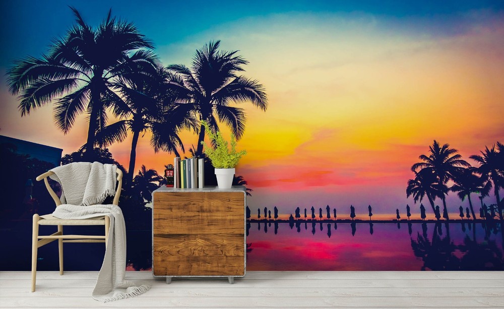 3D Palm Tree Sea Sunset Landscape Wall Murals Wallpaper Murals Wall Sticker