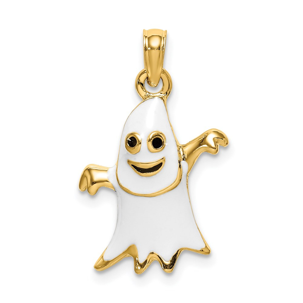 14k Yellow Gold 3-D Enameled Ghost Charm Pendant L-21.5mm, W-14.5mm 2.96gm