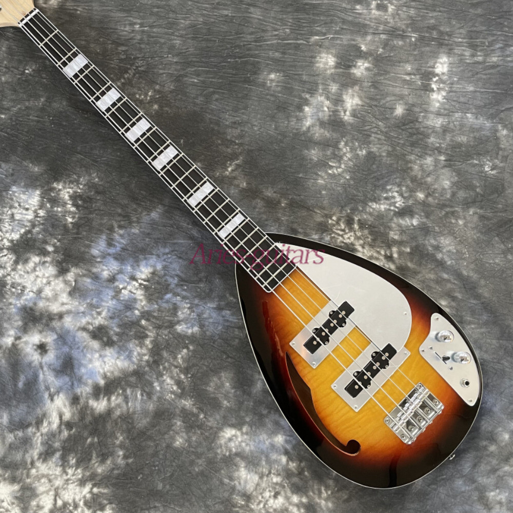 Sunburst Flamed Top Semi-Hollow Electric Bass Guitar with Chrome Parts