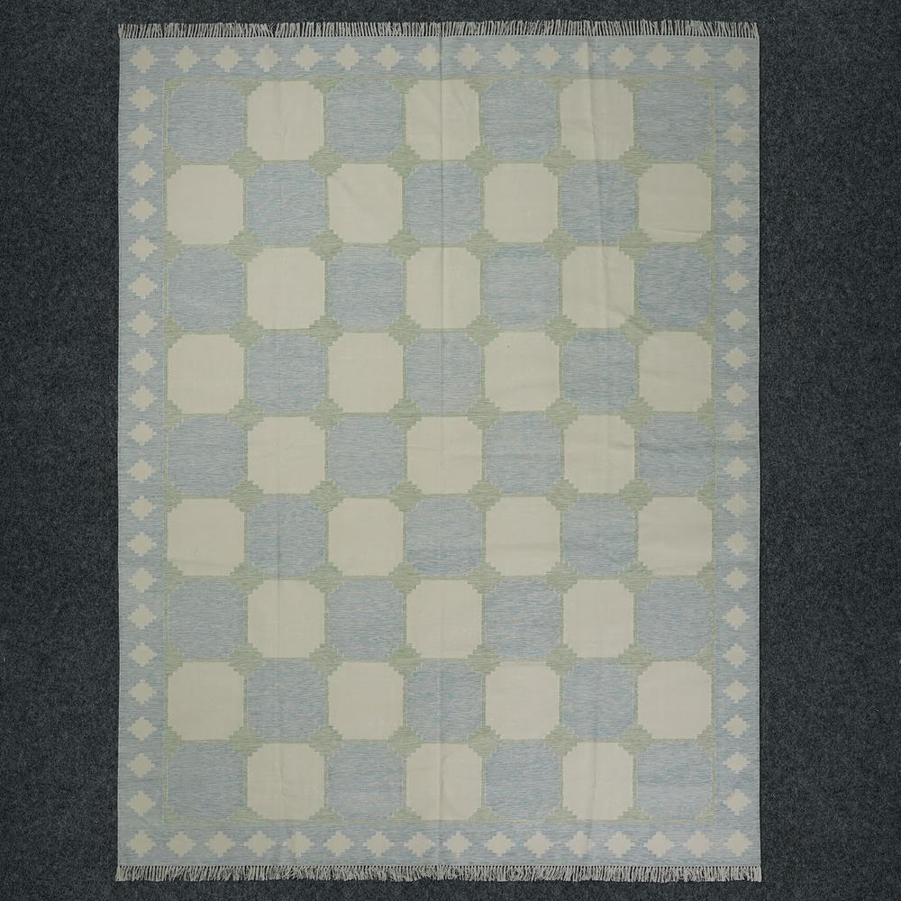 Geometric Handwoven Cotton Dhurrie Rug Color Light Blue and White Carpet Rug
