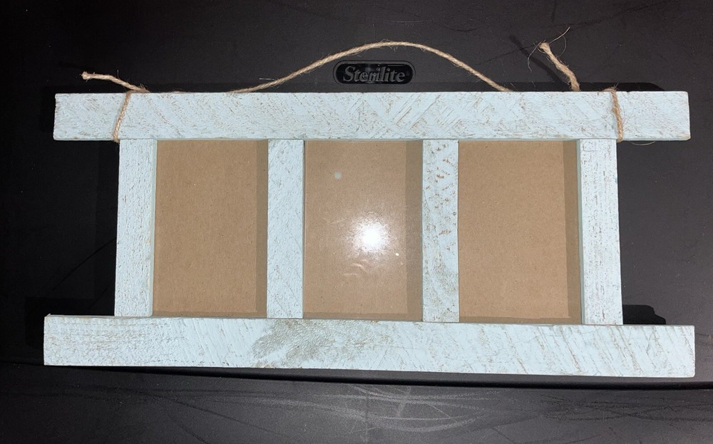 Light Blue Wooden Picture Frame Holds 3 Photos  