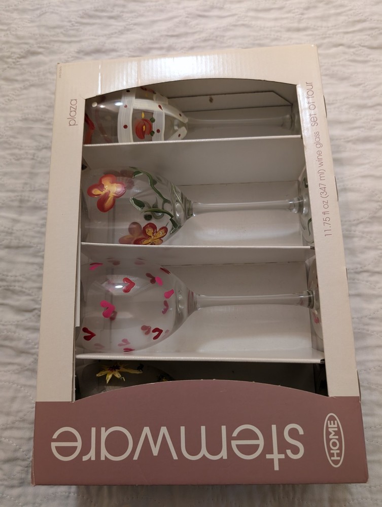 Stemware Set Of 4 Hand painted Wine Glasses