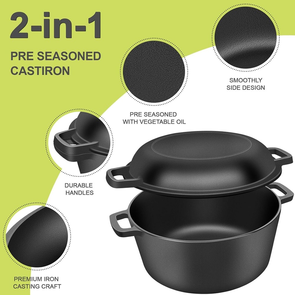 2 in1 Pre-Seasoned Cast Iron Dutch Oven Pot with Skillet Lid Cooking Pan
