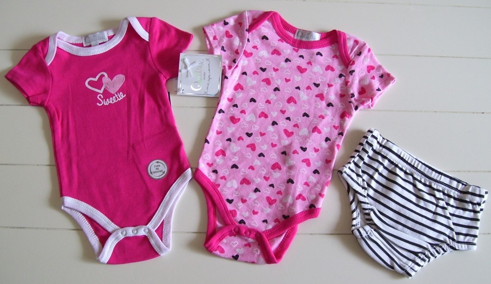 Quiltex 3 Pc Sweetie Heart SS Bodysuits and Diaper Cover Valentine's Day 3-6M
