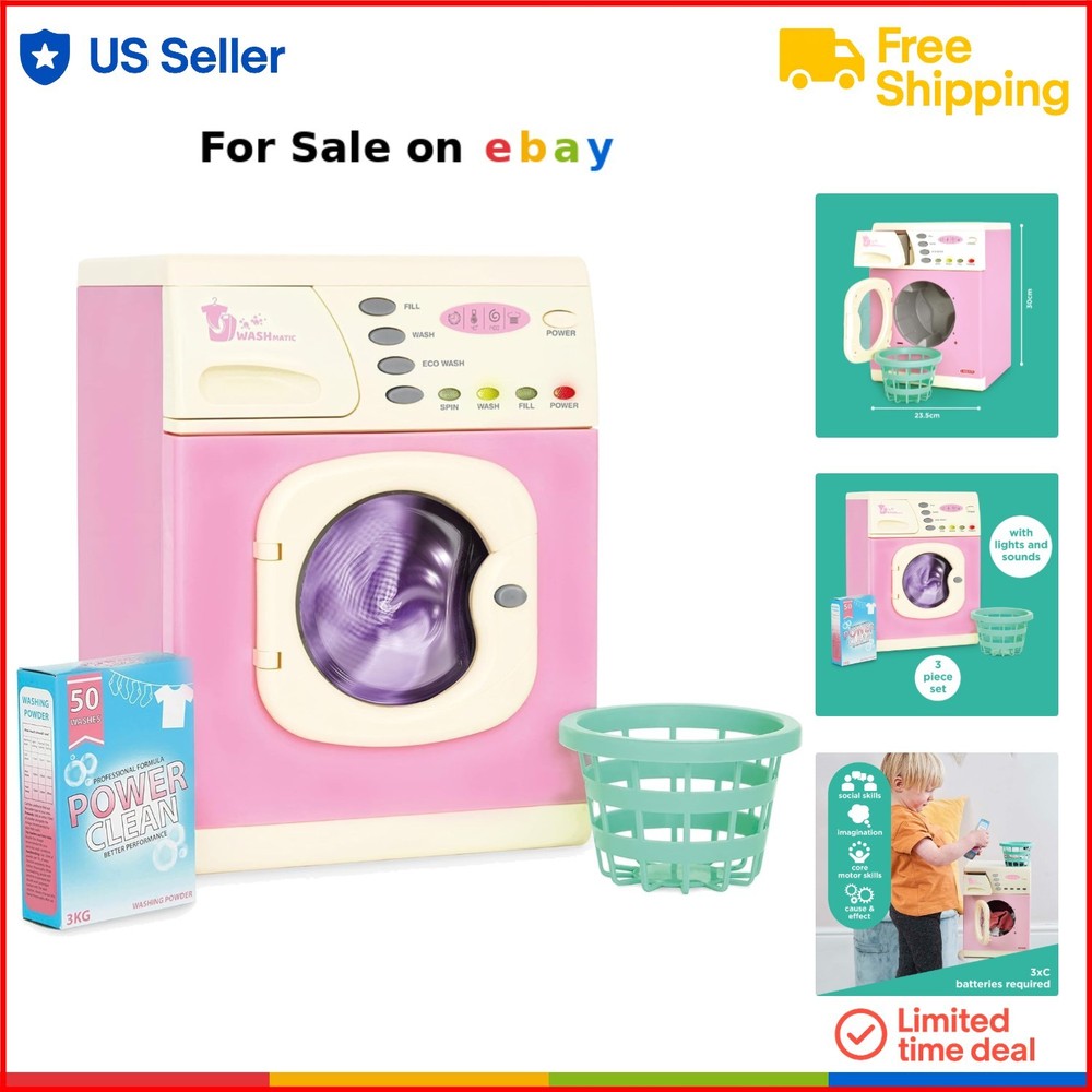 Pink Kids Toy Washing Machine with Realistic Spin Lights and Sounds