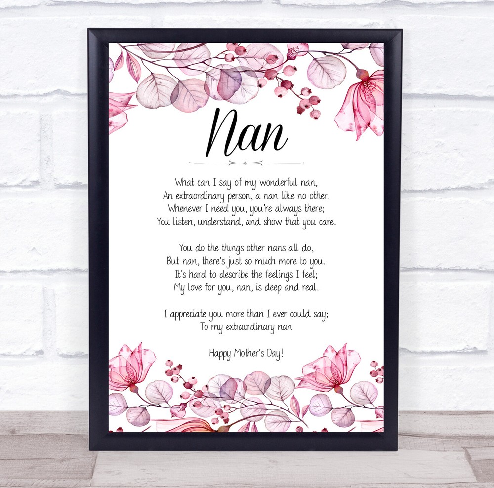 Mothers Day Poem Pink Floral Nan Personalised Gift Art Print-image