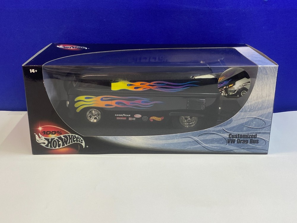 100% HOT WHEELS 1/18 SCALE BLACK W/ FLAMES CUSTOMIZED VW DRAG BUS