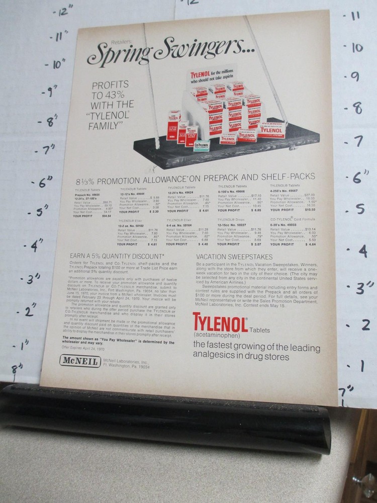 magazine ad 1970 TYLENOL acetaminophen medicine store display pain relief