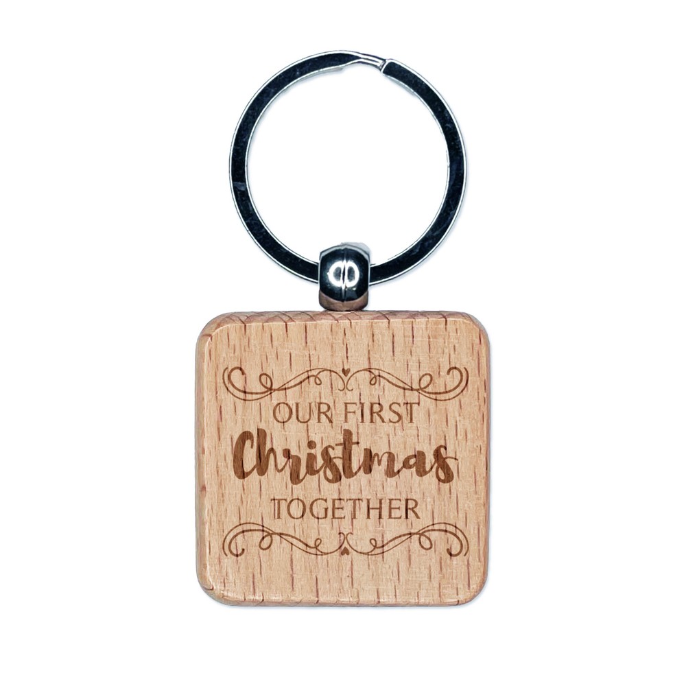 Our First Christmas Together Filigree Engraved Wood Square Keychain Tag Charm