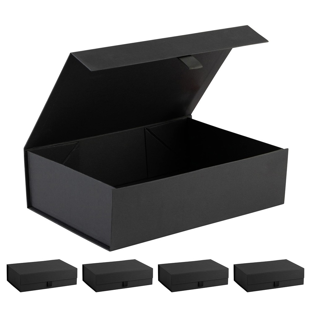 Black Ribbed Magnetic Closure Gift Box 14x9x4 Inches Rectangle Storage Case